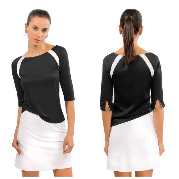 Gretchen Scott Jersey Tee Topper Medium Black 3/4 Sleeves Sporty Athleisure Golf - Picture 1 of 16